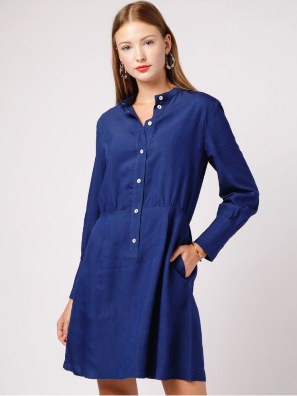 A.P.C Kimya Collarless Button Front Dress Blue Long Sleeve Elegant Size Medium